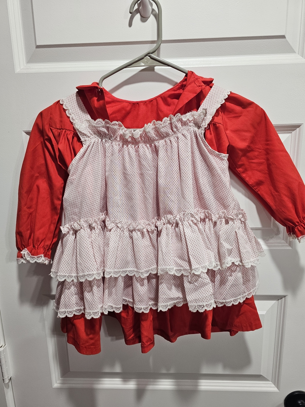 Vintage 1980 Bryan Red Dress W8th A White Polka Dot Ruffle Overlay - Picture 2 of 5